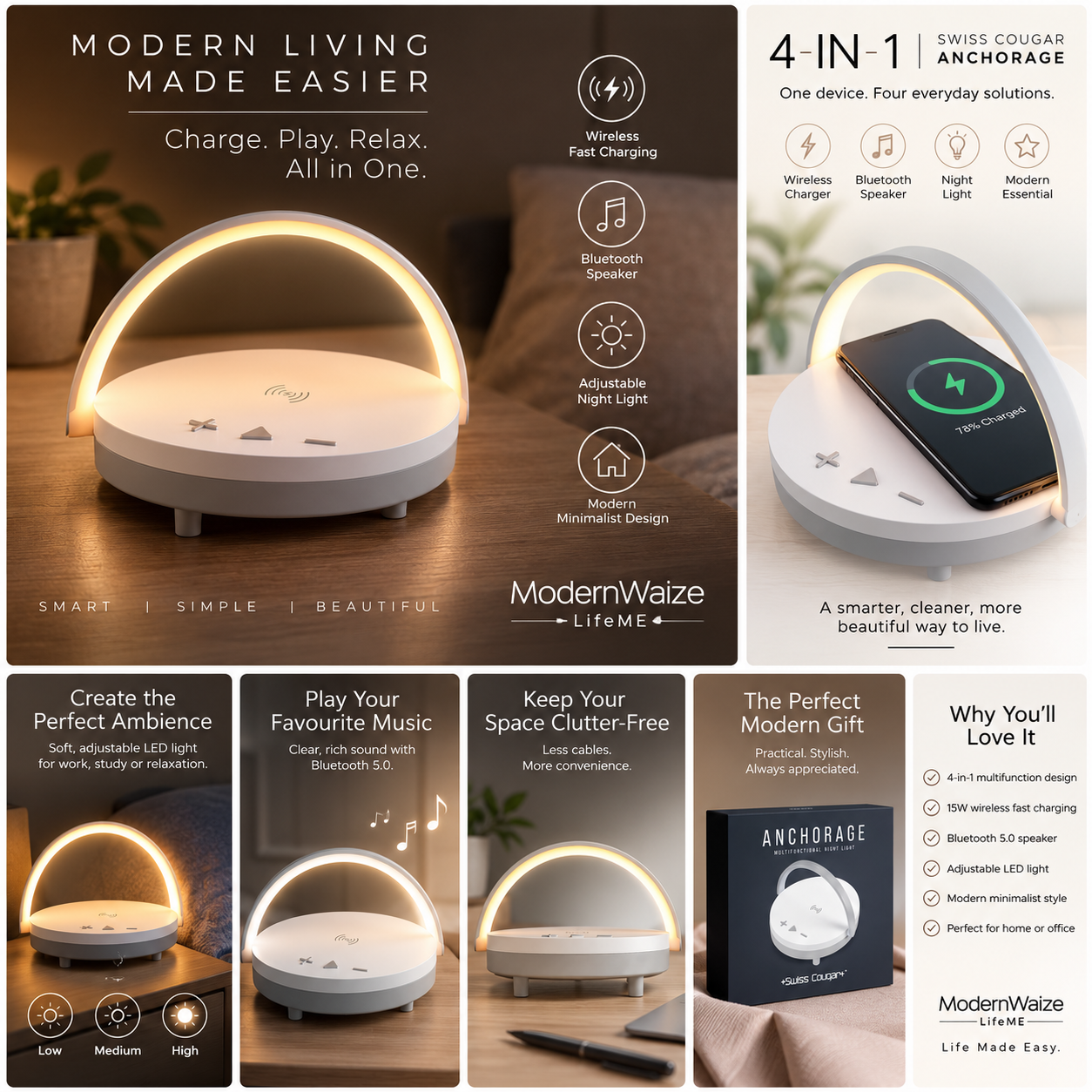 Swiss Cougar Anchorage 4-in-1 Wireless Charging Speaker & Ambient Night Light