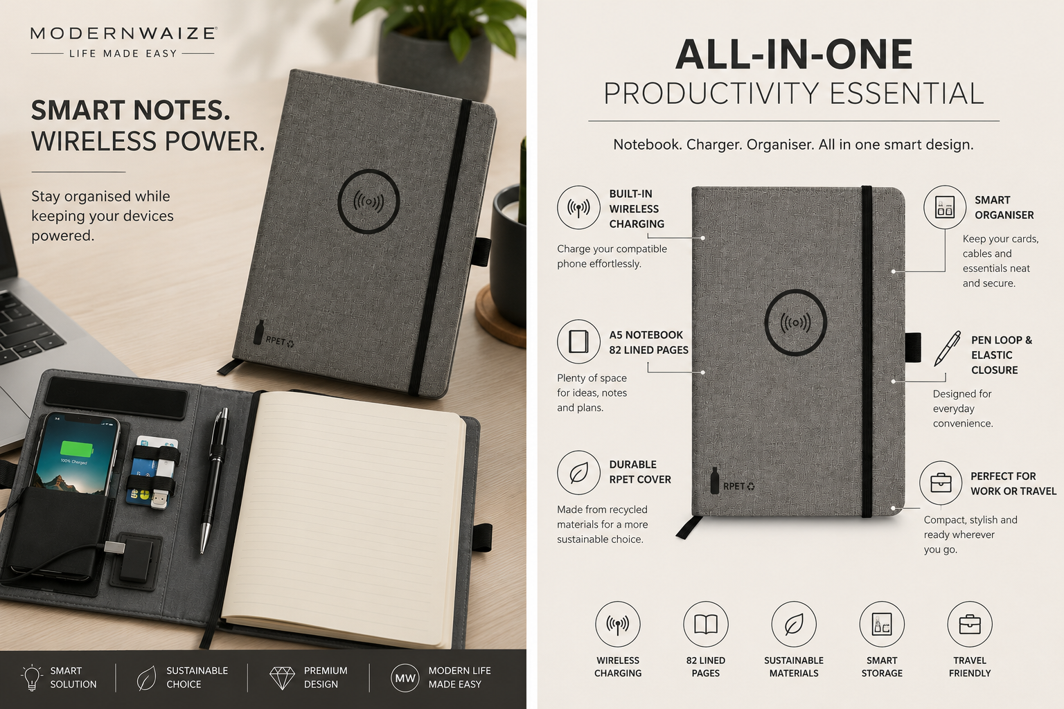 Tecnar Wireless Charging Notebook | A5 Smart Notebook with Built-in Wireless Charger