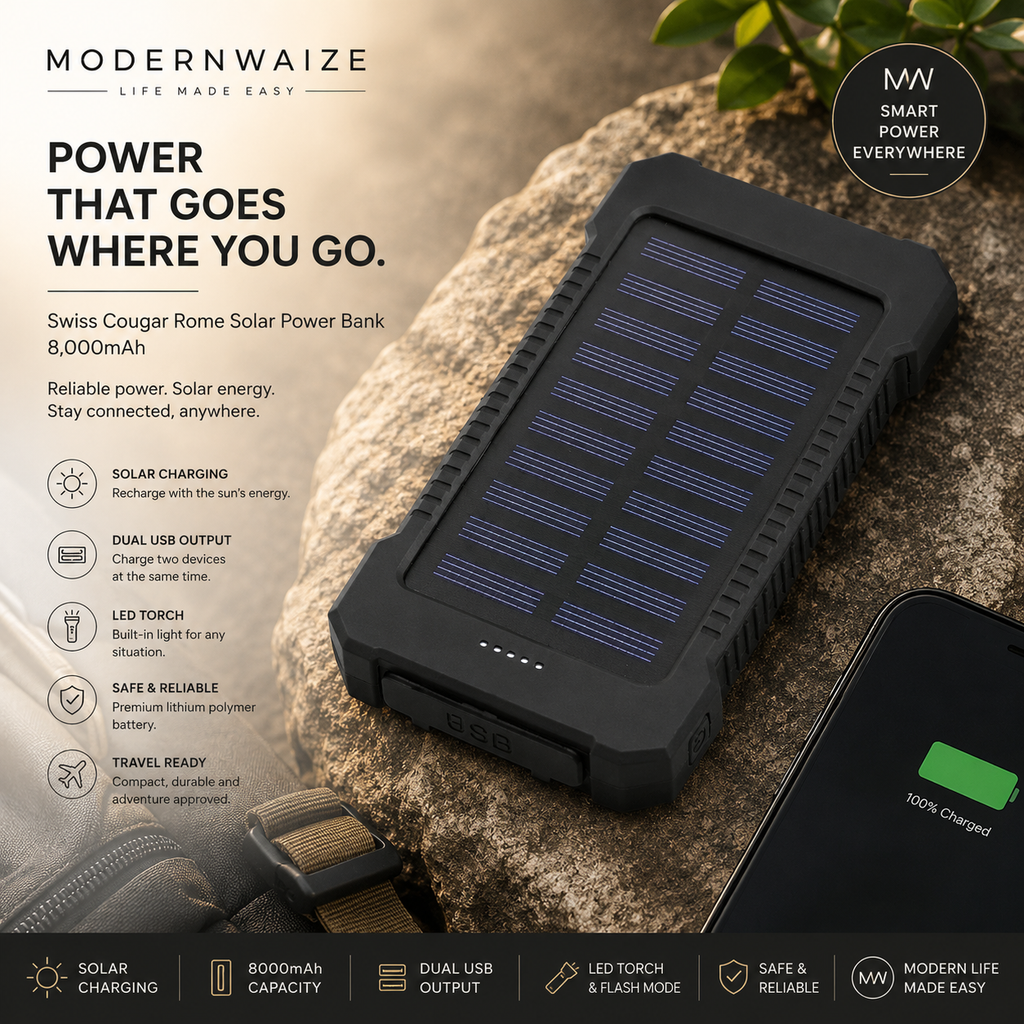Swiss Cougar Rome Solar Power Bank | 8,000mAh Portable Solar Charger